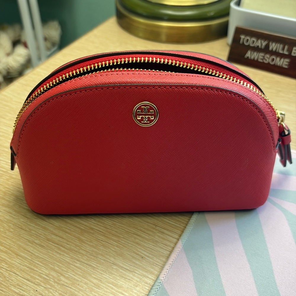 Tory Burch Robinson red saffiano leather makeup bag- small